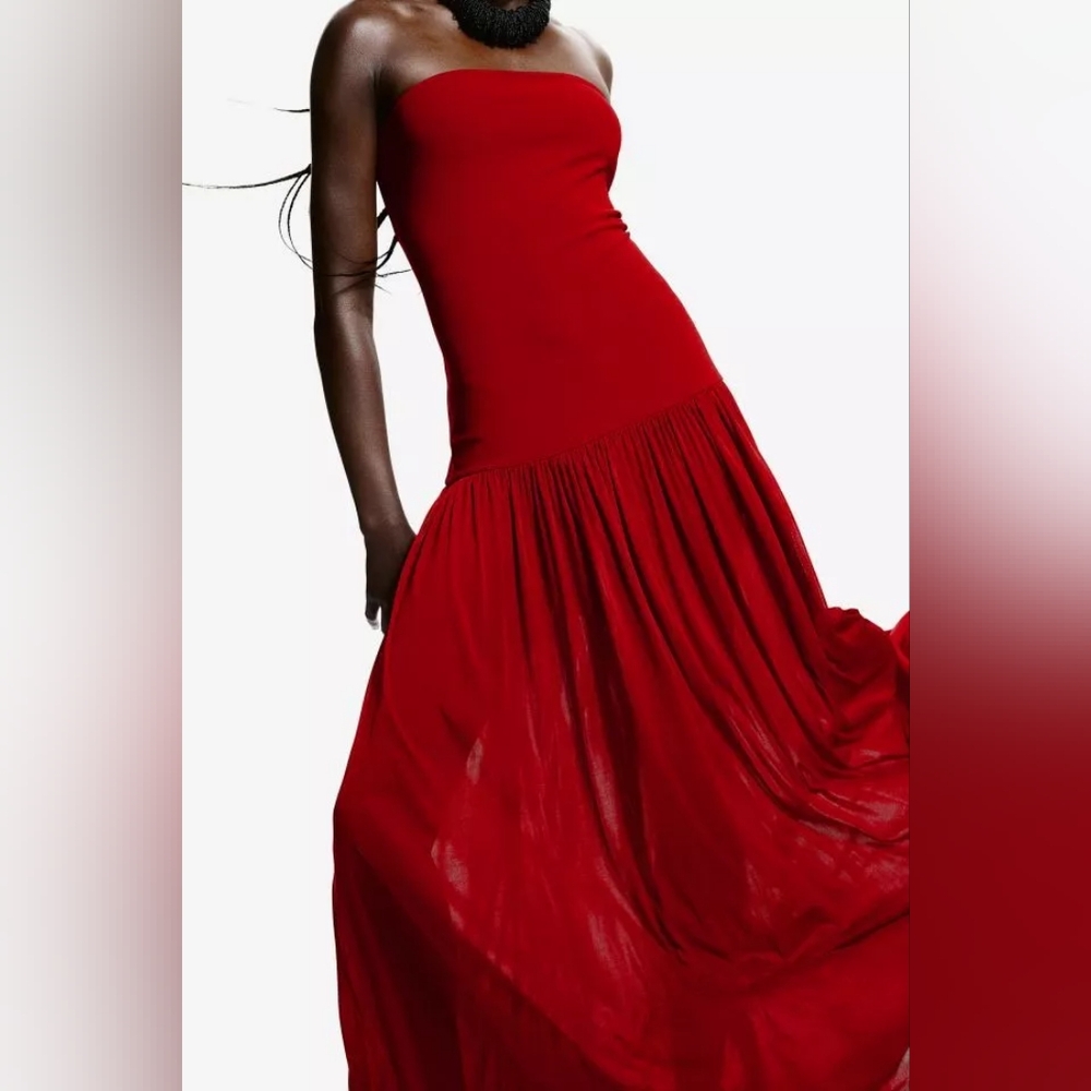 NWT H&M Long Bandeau Strapless Drop-waist Jersey Maxi Dress Red Sizes XS, .XXL